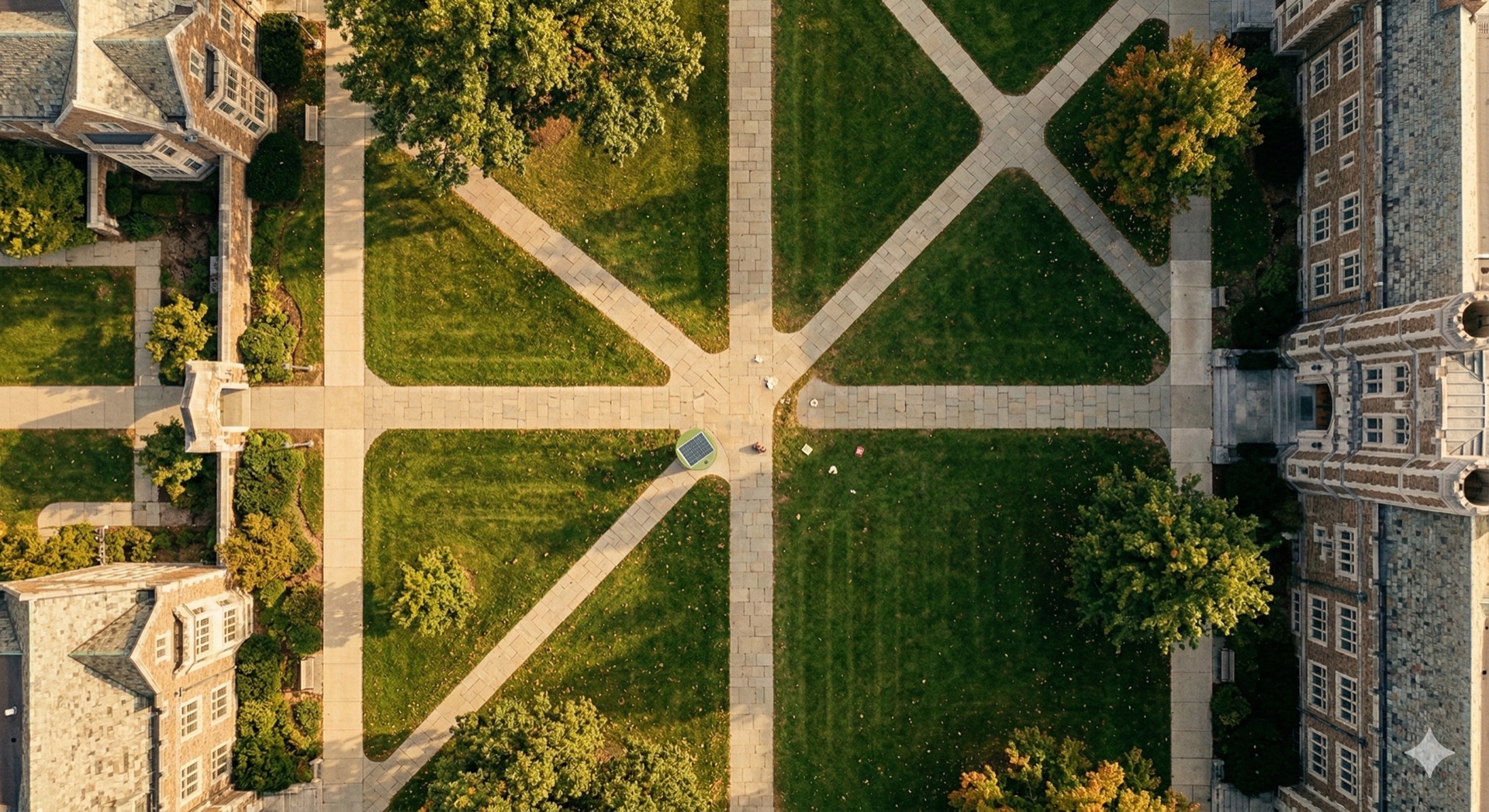 Aerial view of a university campus as seen from the SPAN scout drone