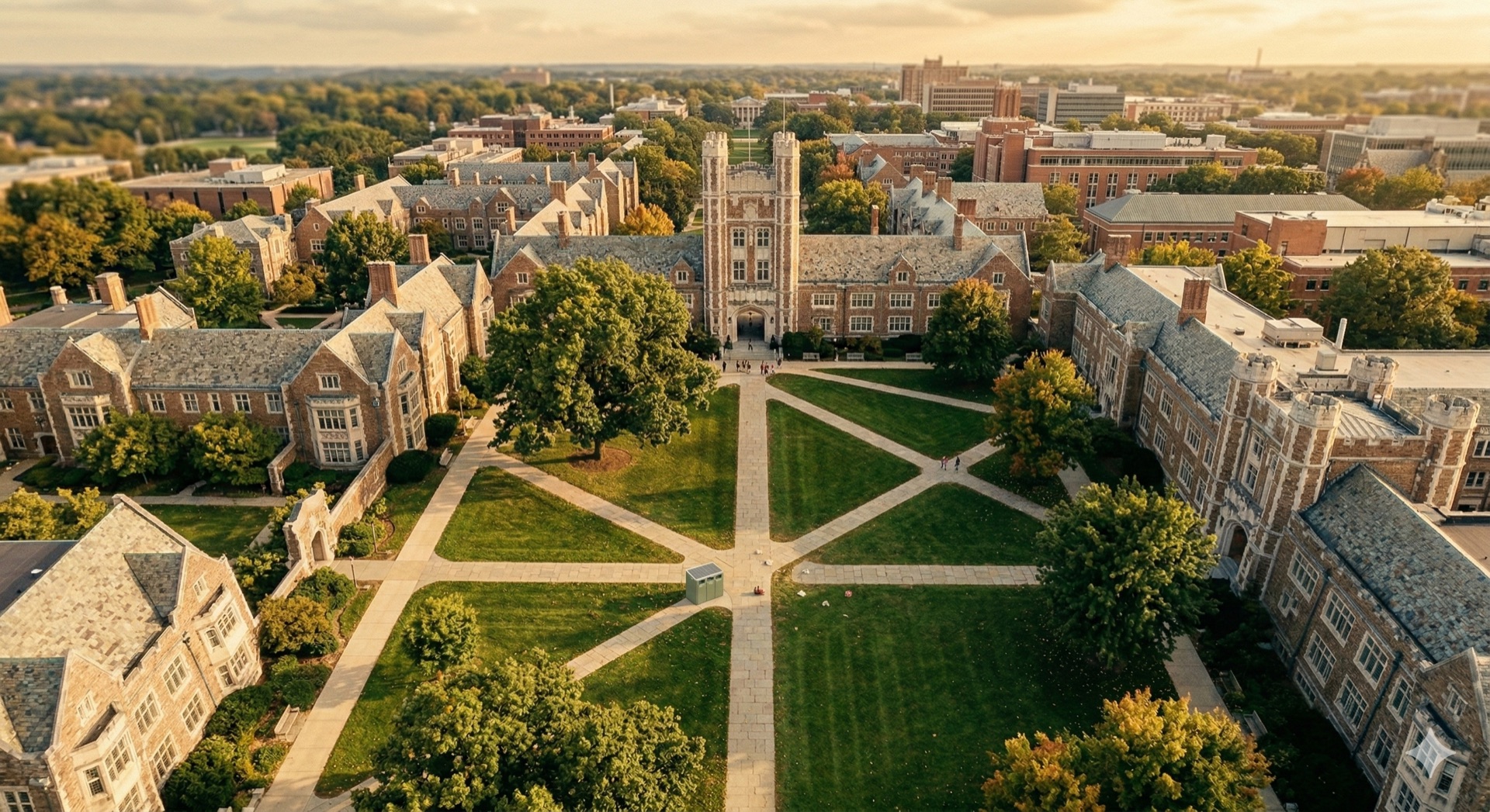 Aerial view of a university campus at golden hour