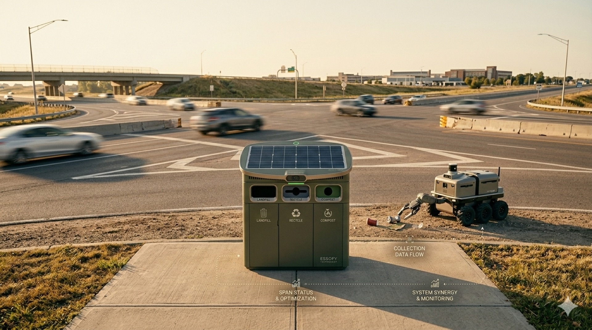 SPAN station and rover deployed on a highway shoulder for autonomous litter collection