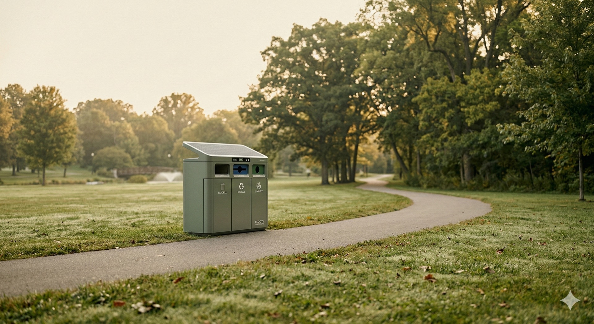 City park with SPAN smart stations positioned along walking trails