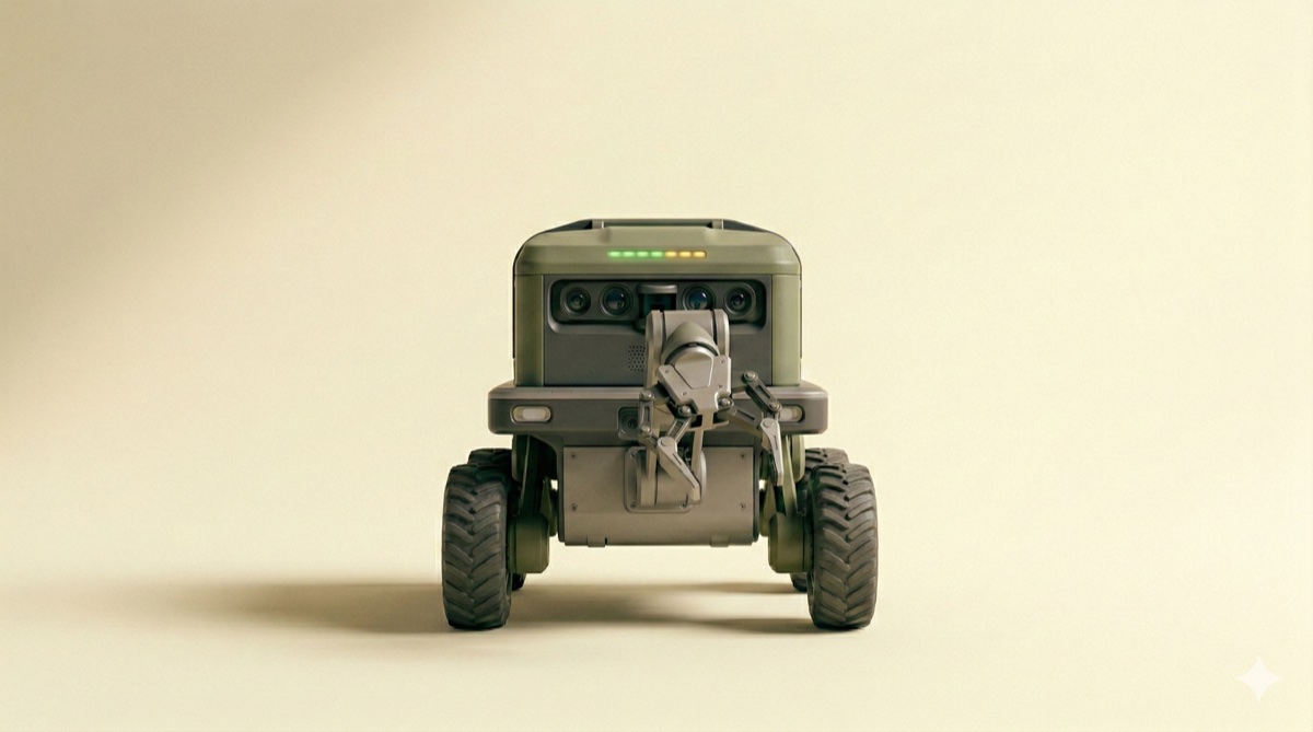 Conceptual render of the SPAN autonomous rover with camera array and collection arm