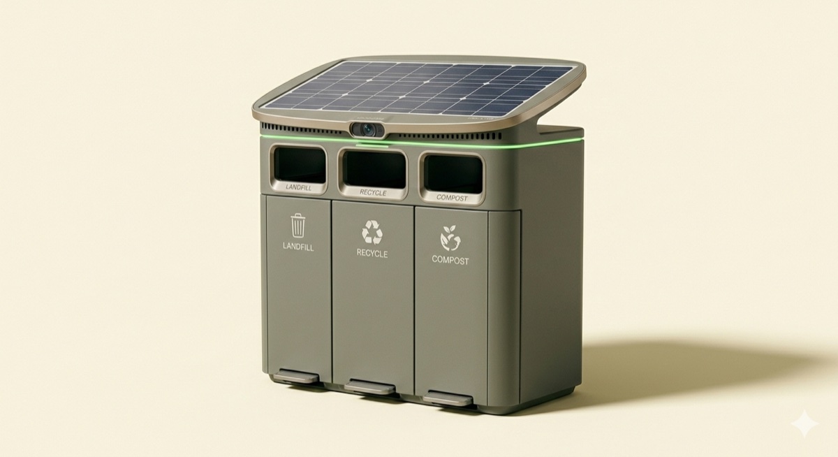 Conceptual render of the SPAN smart trash station with solar panel