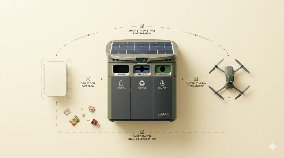 Conceptual render of the complete SPAN system — station, rover, and drone working together